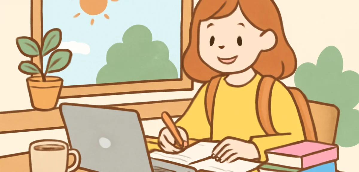 University student studying for certification with books and laptop in cafe, summer afternoon, illus