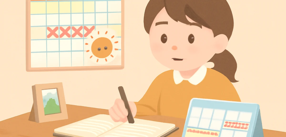 Calendar with summer vacation dates marked, Japanese student planning part-time job schedule, desk w