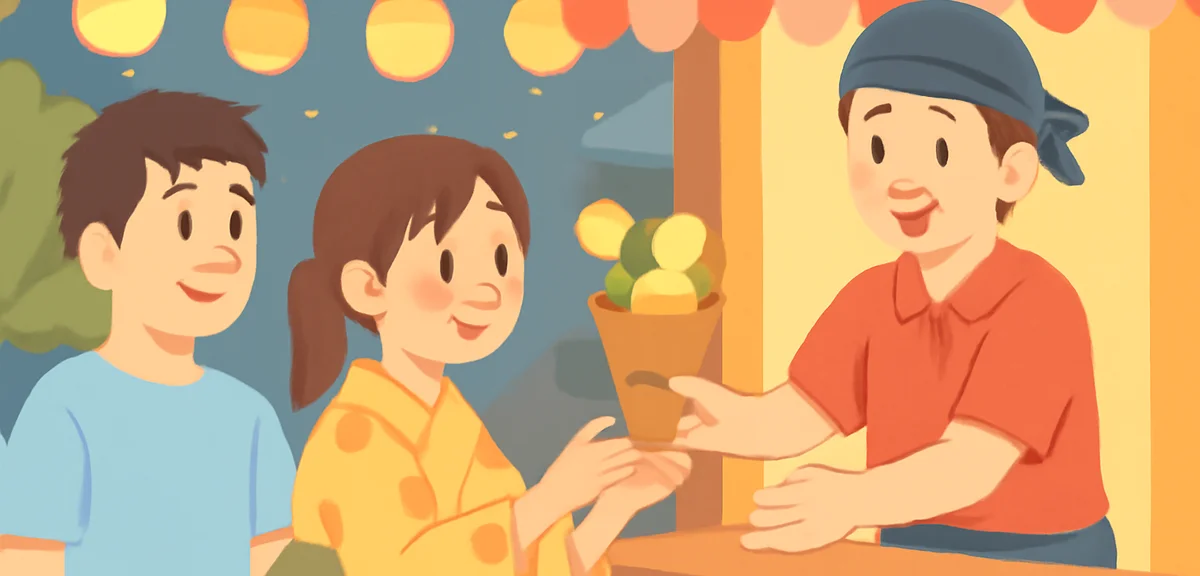 Outdoor summer festival staff handing snacks to customers in Japan, evening lights, lively atmospher