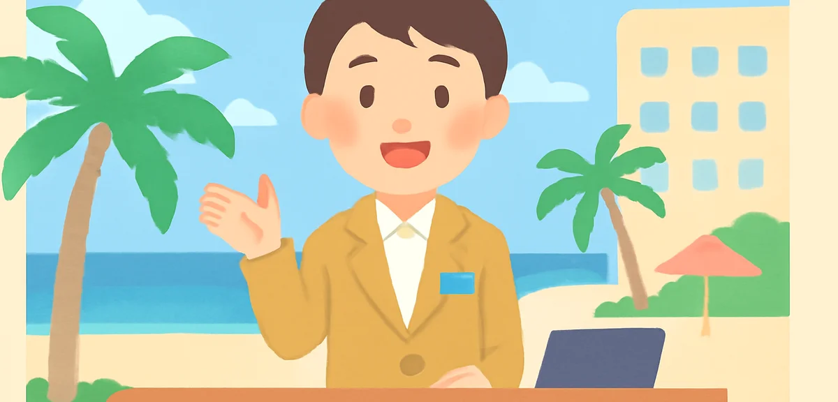 Resort beach hotel reception with young Japanese staff smiling, tropical seaside view, bright daylig