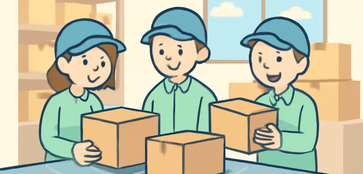 Warehouse workers sorting packages on conveyor belt, daytime short-term job scene in Japan, photorea