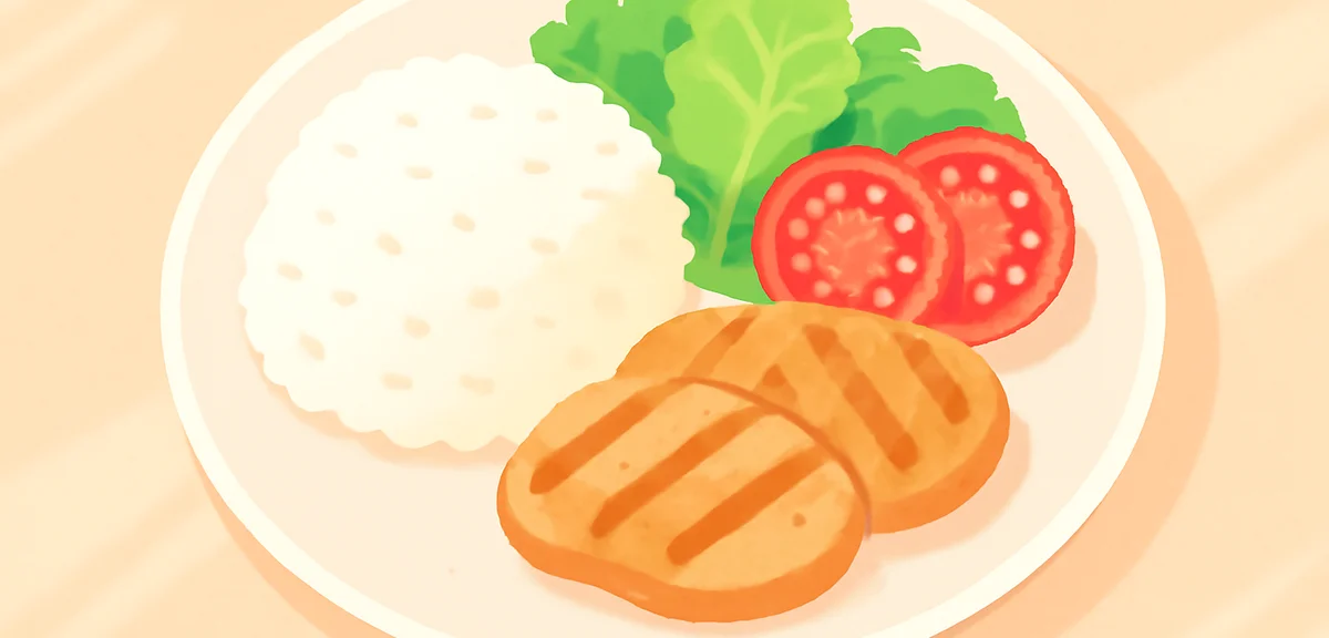Top-down view of a balanced summer one-plate lunch with rice, grilled chicken, fresh salad, and slic