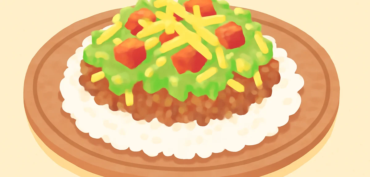 Taco rice with seasoned ground beef, shredded lettuce, diced tomatoes, and grated cheese on rice, se