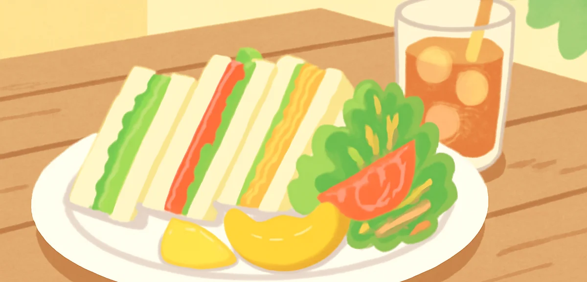 Cafe-style lunch plate with assorted sandwiches, fresh salad, fruits, and a glass of iced tea on a r