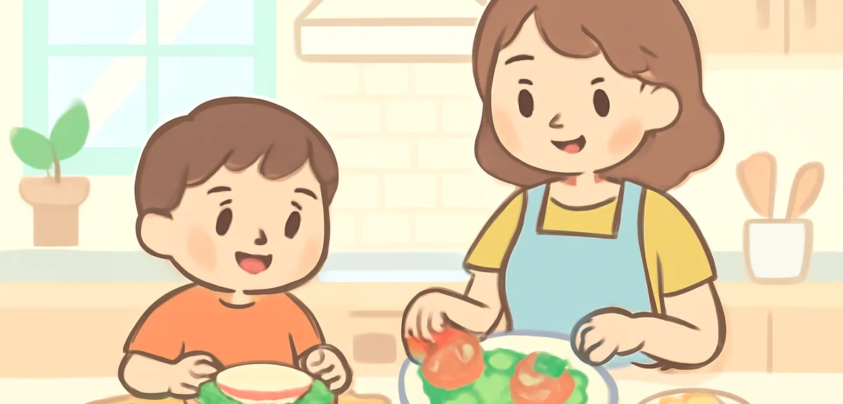 Mother and child preparing a simple summer lunch together in a bright modern kitchen, no-cook meal a