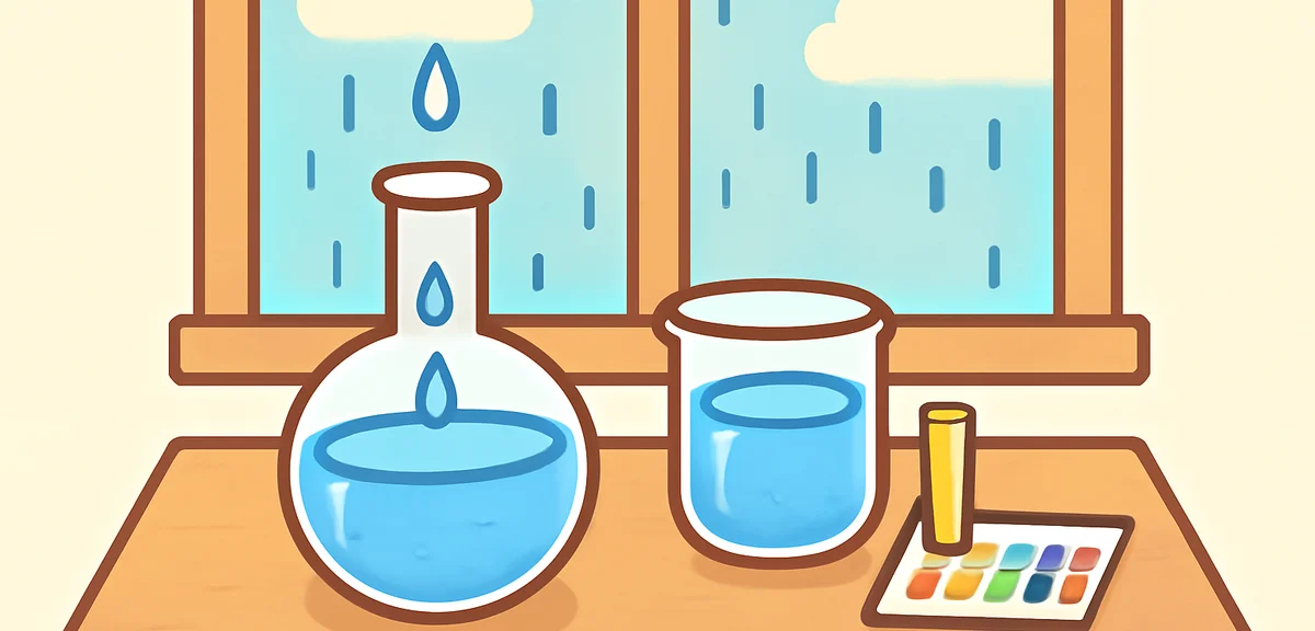 Rainwater collection setup with glass beakers and pH paper on a wooden table near a window, scientif