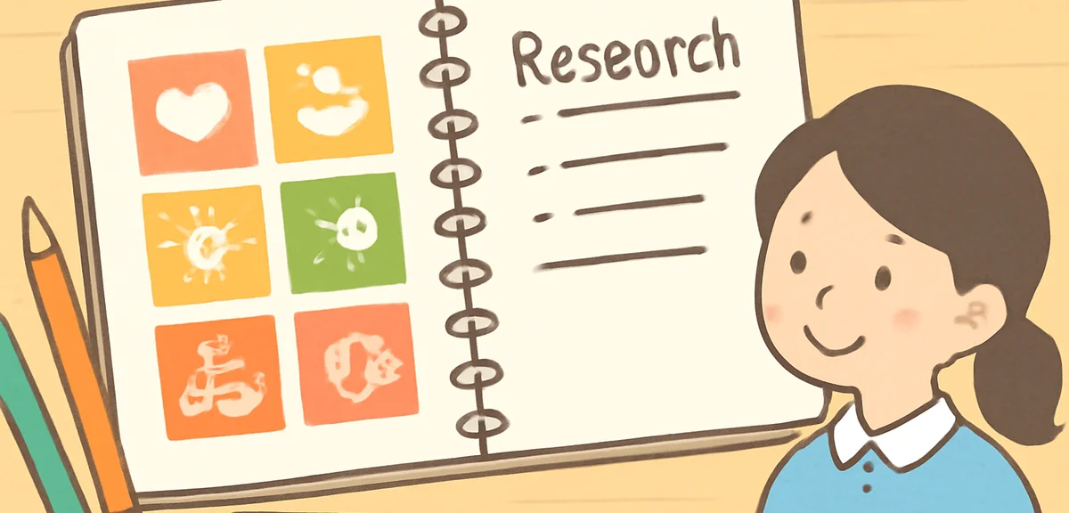 Open notebook with SDGs colorful icons and handwritten research notes, pencils and ruler, Japanese s