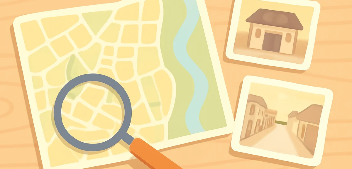 Old Japanese town map and historical photographs spread on a wooden table with magnifying glass, loc