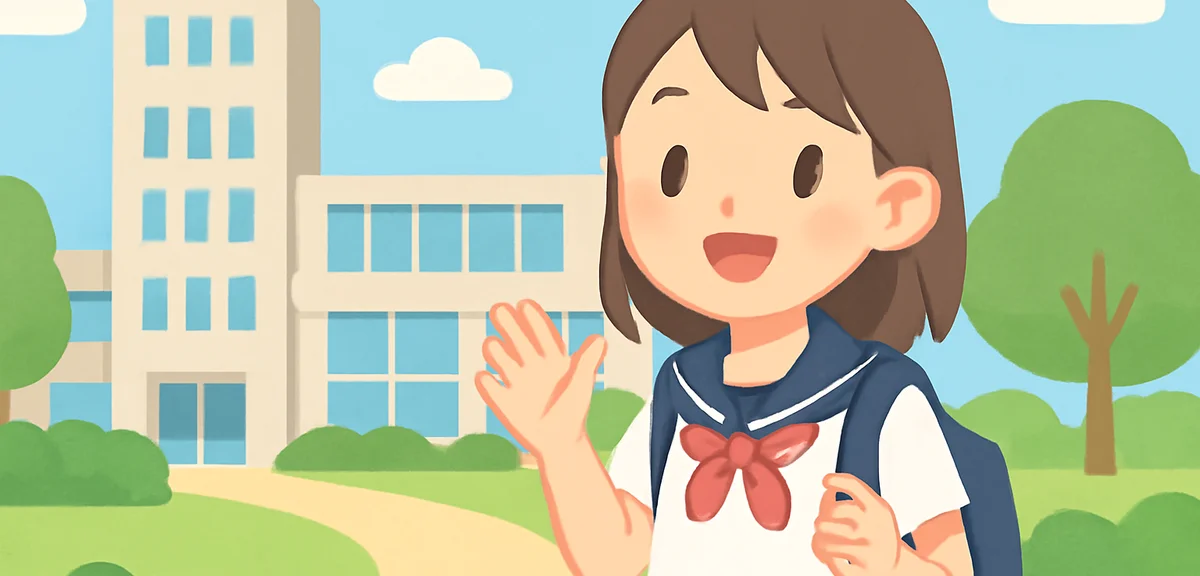 Japanese high school student visiting university open campus, modern campus building, summer day, ph