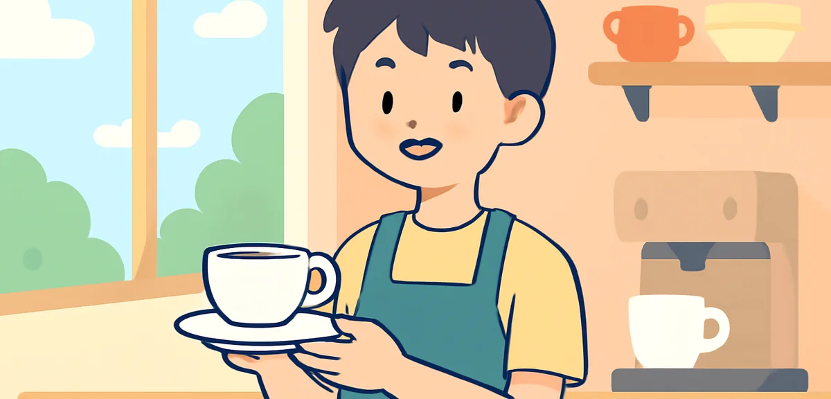 High school student working part-time at a cafe in summer, wearing apron, friendly smile, natural li