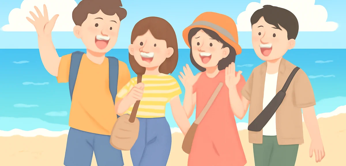 High school friends traveling together in summer, beach scene with blue ocean, casual clothing, joyf