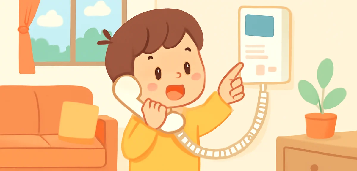 A child practicing answering the intercom at home, learning safety rules for being alone, bright mod