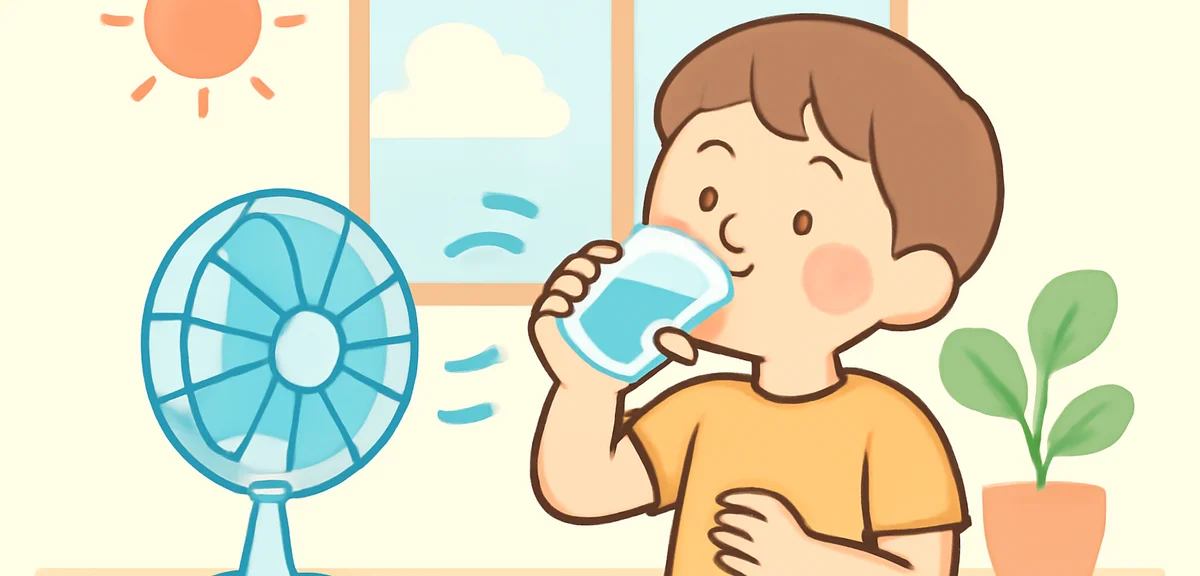 A child drinking water and using an electric fan during a hot summer day at home, heatstroke prevent