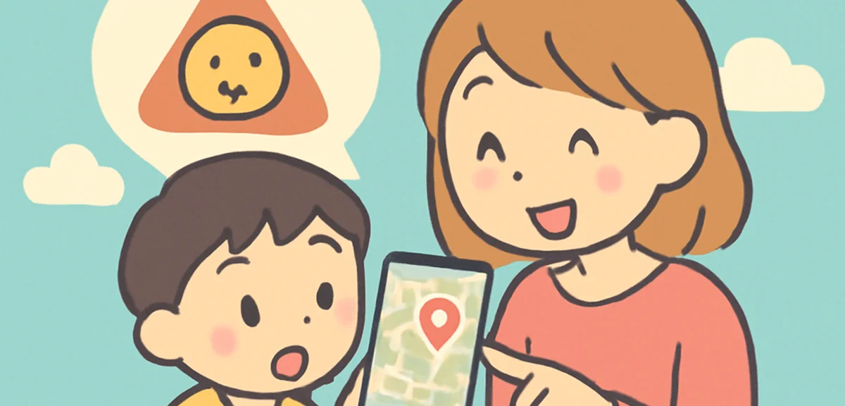 A parent and child looking at a GPS tracking app and smartphone together, reviewing safety plans bef