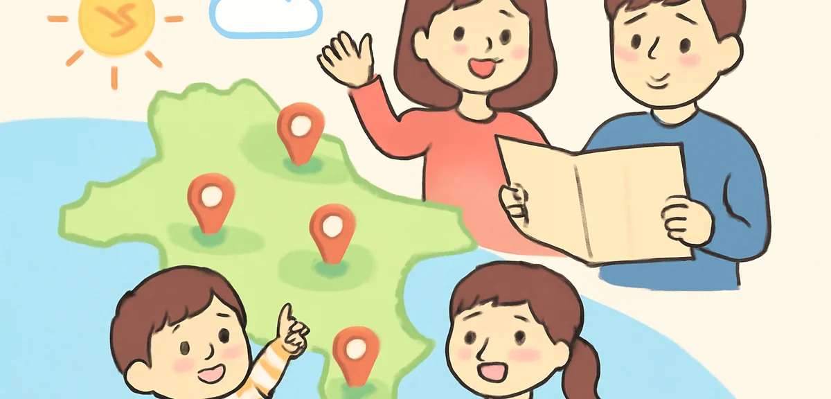 Map of Kanto region with family planning summer leisure trip, pins on multiple parks, photo realisti