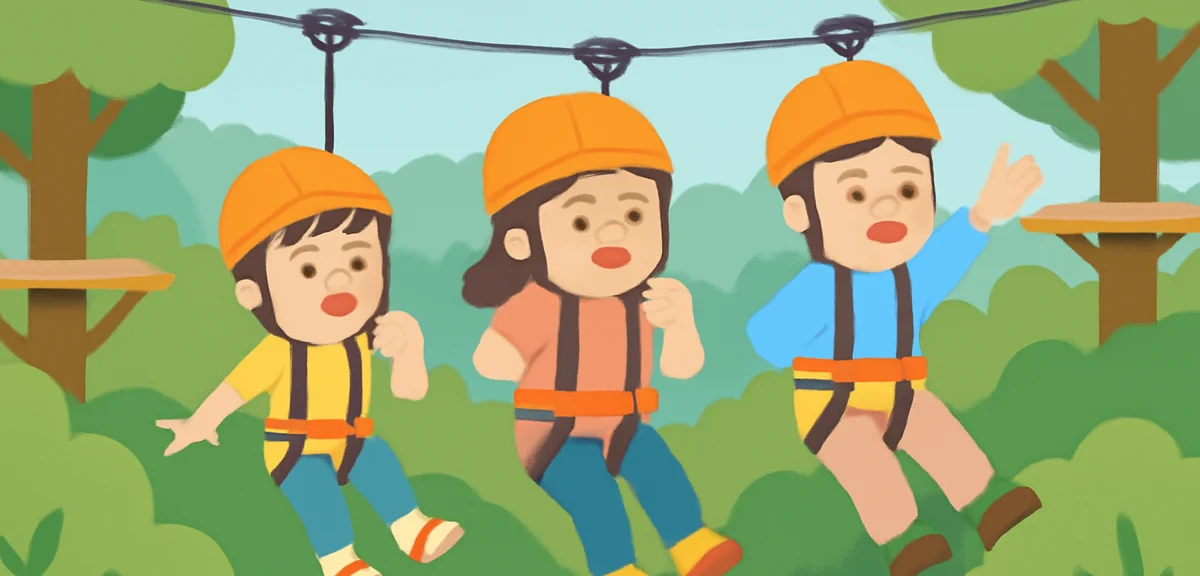 Children and parents on zipline forest adventure course in Kanto mountains, summer green forest, act