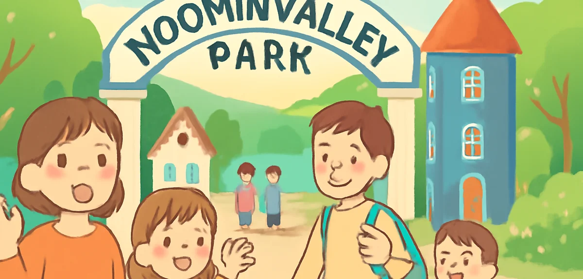 Moominvalley park entrance area with families, lakeside trees, scandinavian style buildings, summer 