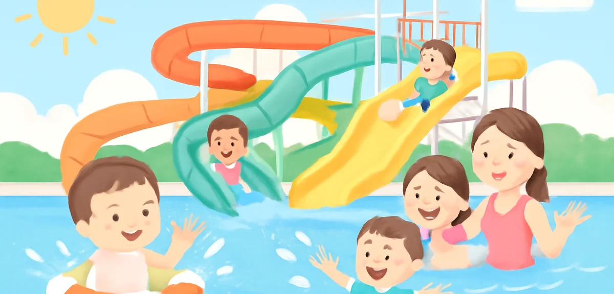 Yomiuriland pool WAI with water slides and families splashing, sunny summer day, vibrant colors, pho