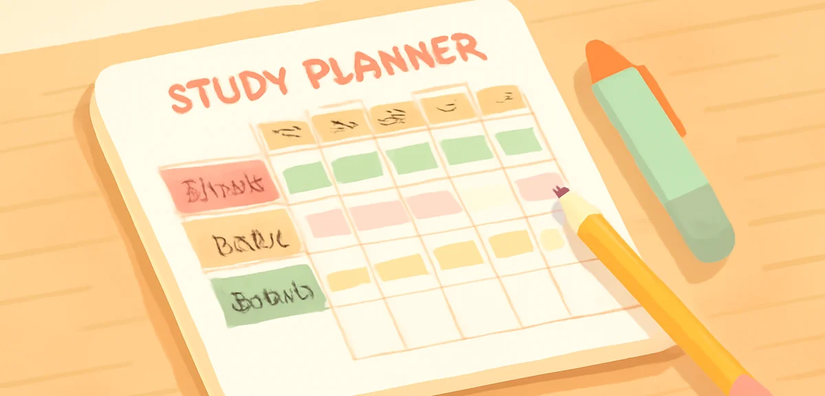 Close-up of a study planner showing a weekly schedule with colored tabs for English, math, and scien