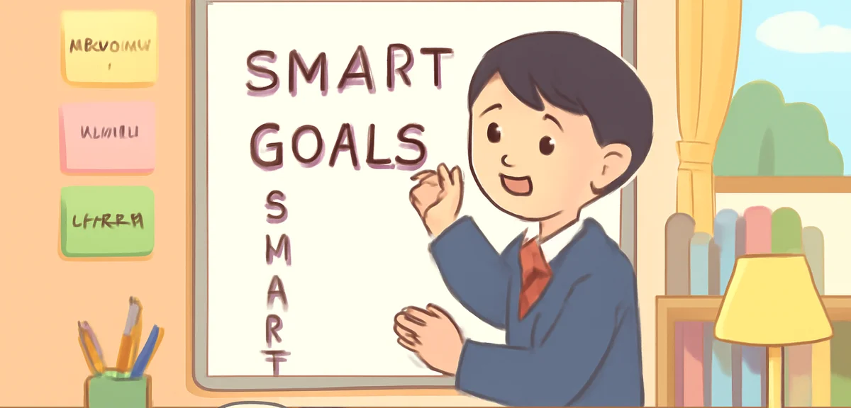 A Japanese high school student writing SMART goals on a whiteboard in a study room, sticky notes wit