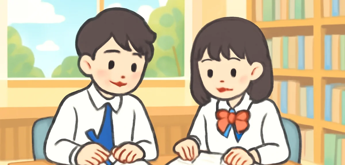 Two Japanese high school students studying together at a public library, summer light through tall w