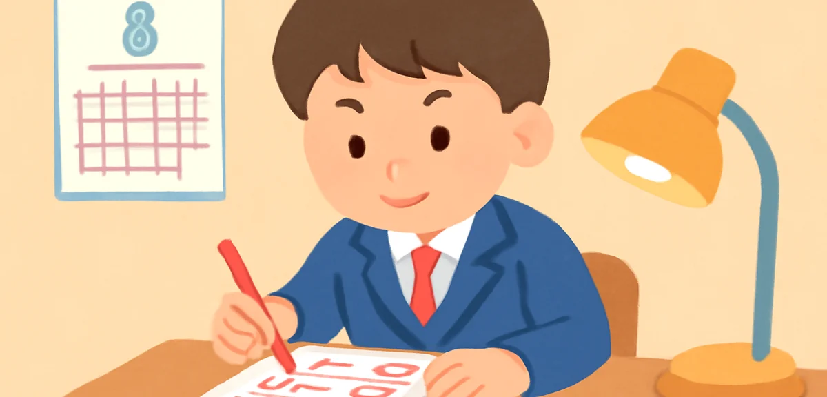 A high school senior reviewing a mock exam result sheet with red pen marks, a calendar showing Augus