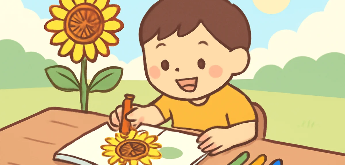 A first-grade child happily drawing a picture of a sunflower in a notebook on a wooden table, summer