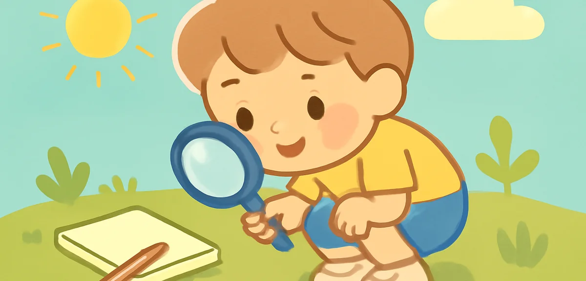 A young child crouching on grass observing ants with a magnifying glass, pencil and notebook beside,