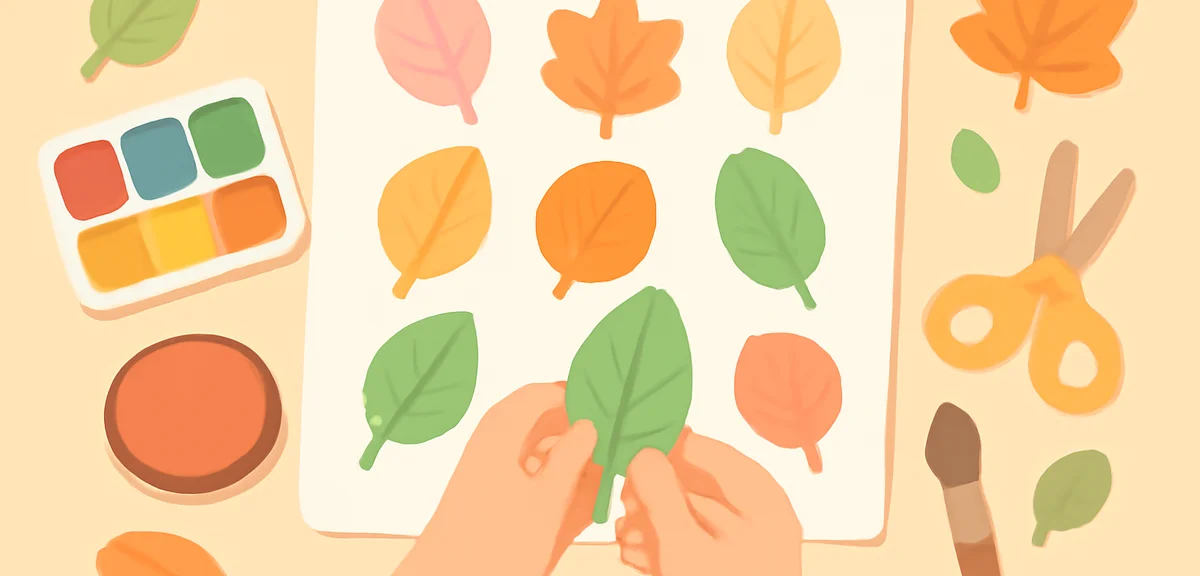Various colorful leaves arranged on white paper with paint stamps, child's hands holding a leaf, cra