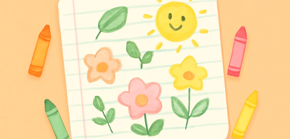 A handwritten children's notebook page with crayon drawings of flowers, leaves, and a smiling sun, s