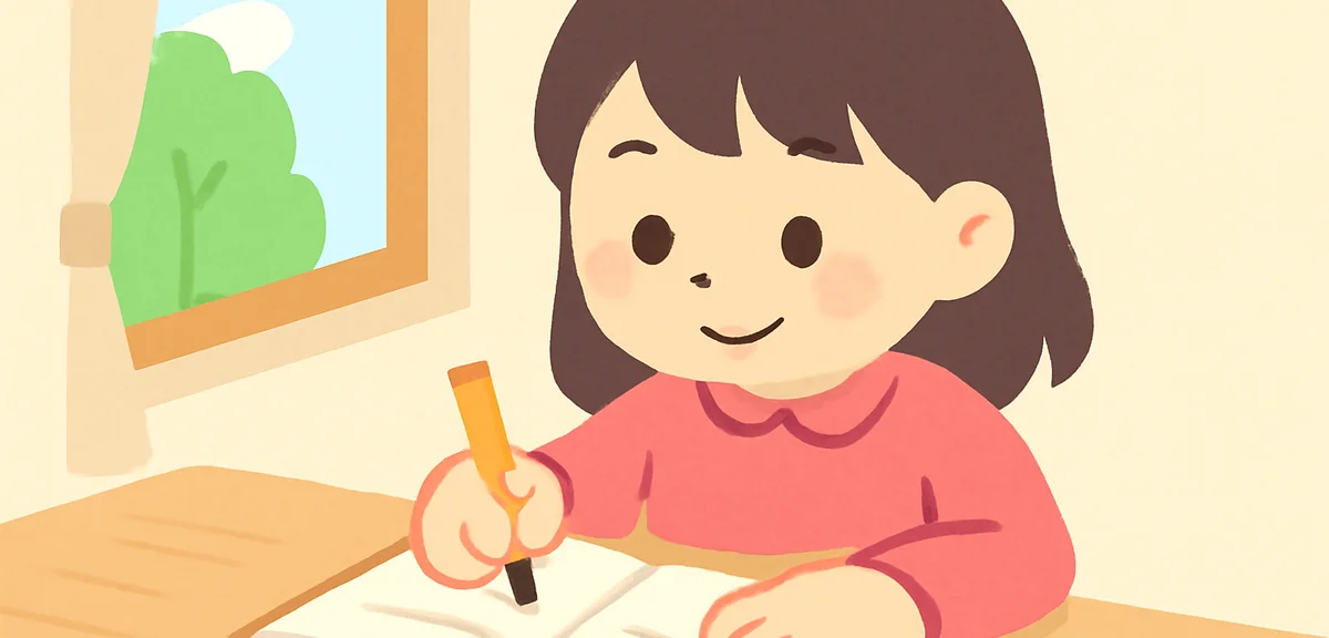 A close-up of a Japanese elementary school student writing daily goals in a notebook with a pencil, 