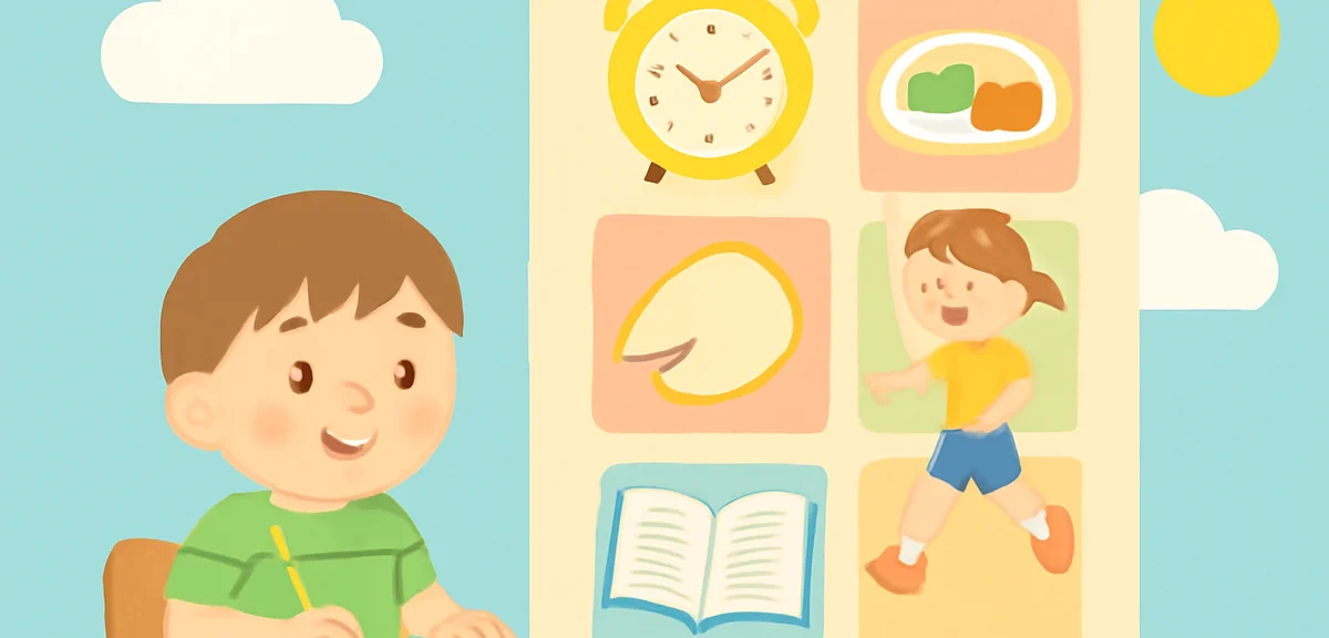 A cheerful illustration-style image of a daily timetable for summer vacation with icons for study, m