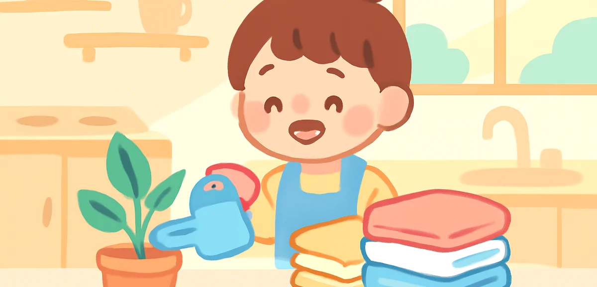 A young child happily helping with household chores like watering plants and folding laundry, bright