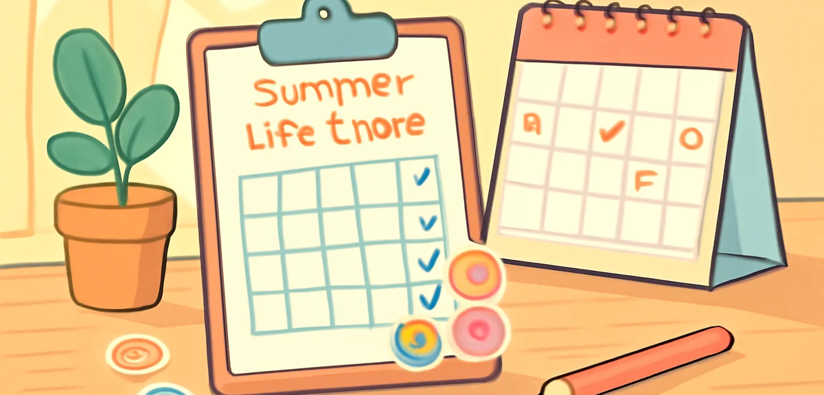 An organized desk with a completed summer life chart, stickers showing achievements, a calendar mark