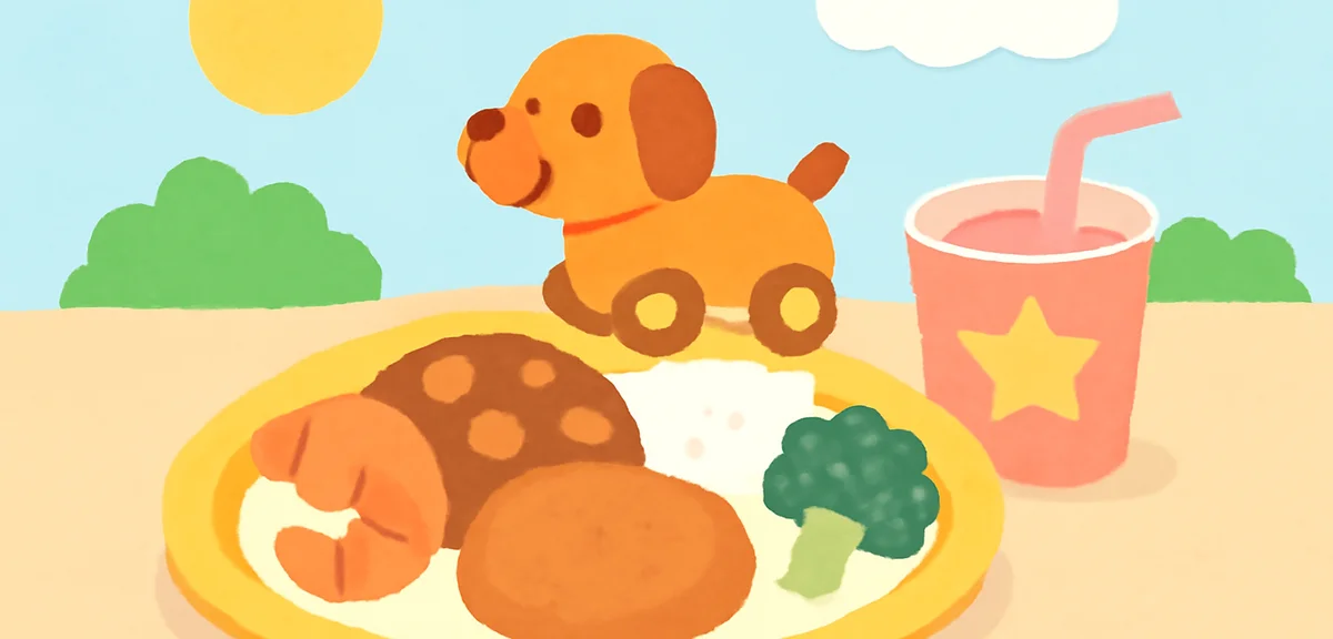 Children's meal set with toy on a family restaurant table, summer kids menu illustration, Japanese s