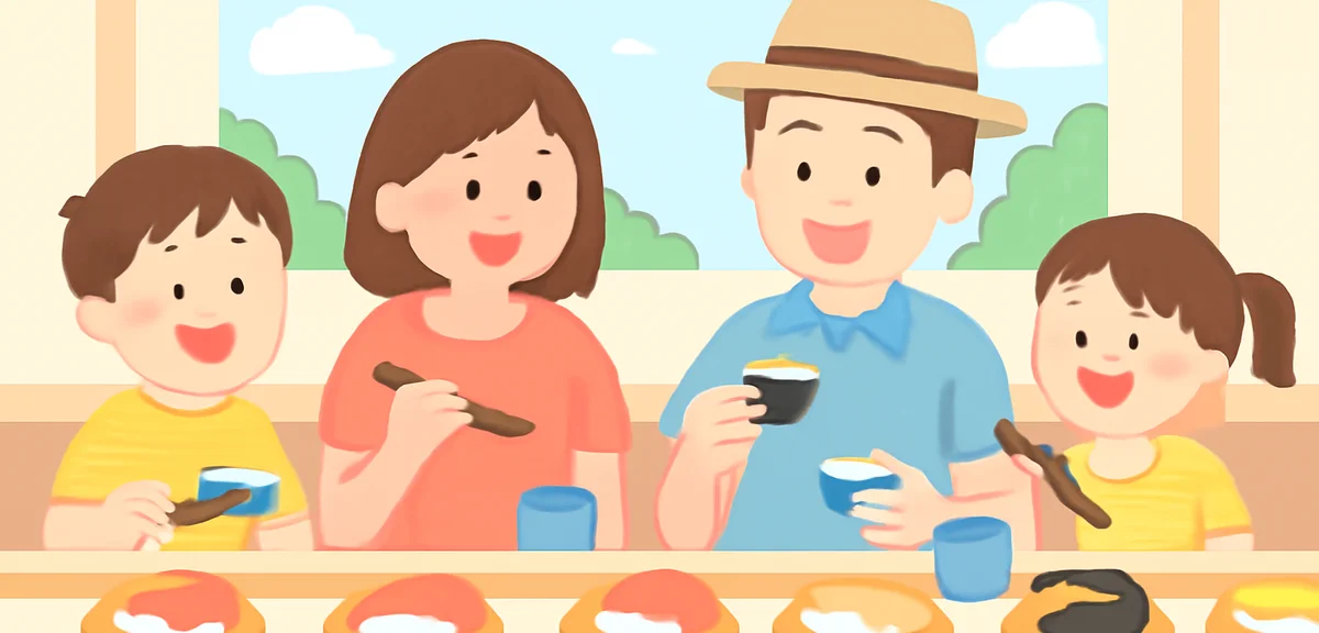 Conveyor belt sushi restaurant with family enjoying meal together, summer family outing in Japan