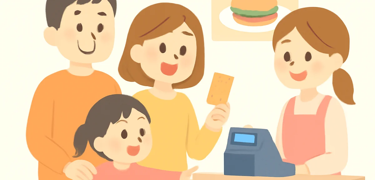 Parents and children paying at restaurant register with discount coupon, happy smiling family