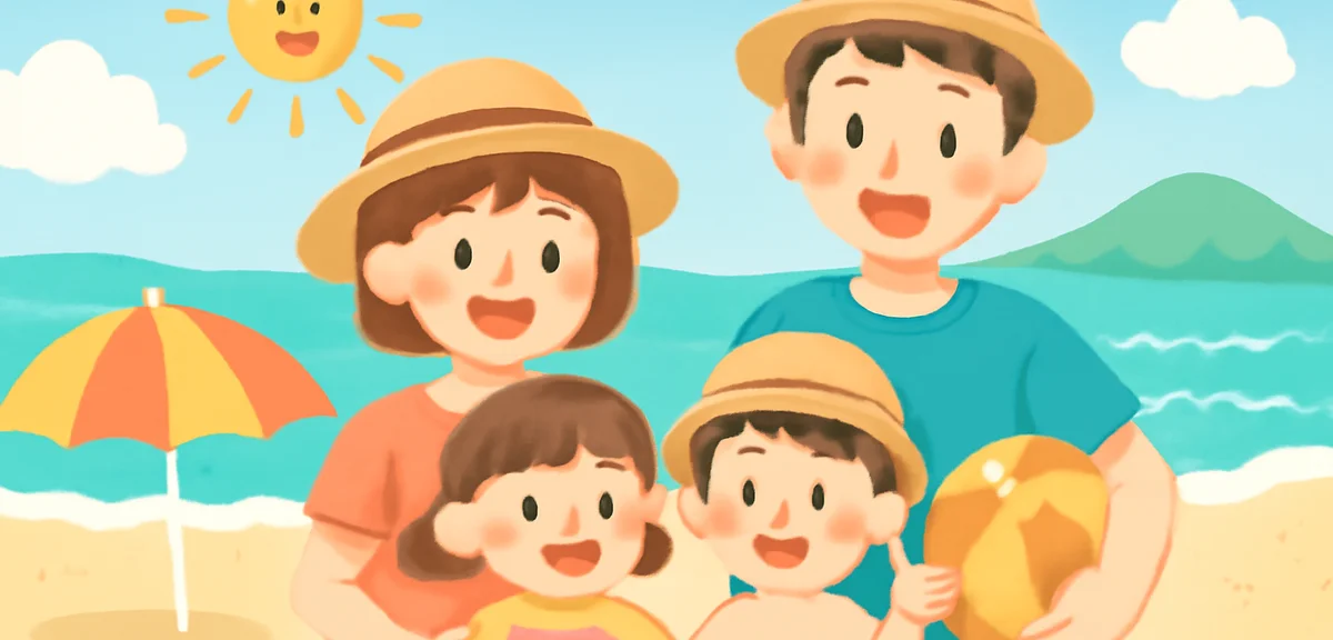 Family with children at a Japanese resort beach in summer, smiling, sunny day, photo-realistic