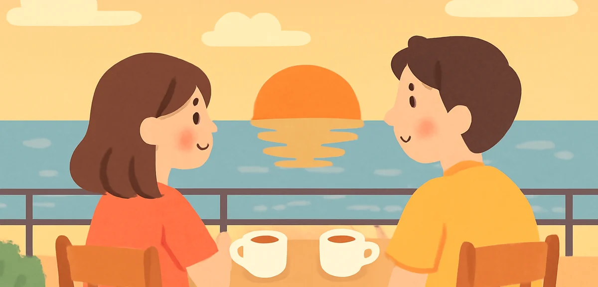 Romantic couple watching sunset from a seaside cafe in summer, Japan, warm golden light