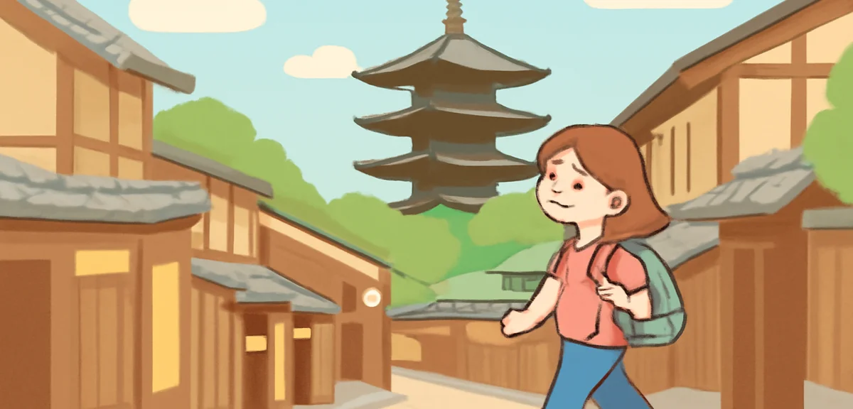 Solo female traveler with backpack walking on a quiet temple street in Kyoto summer morning