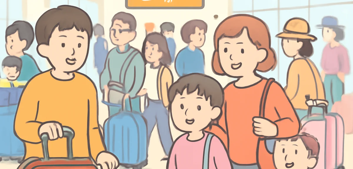 Crowded Japanese airport during Obon holiday, suitcases and travelers, slightly stressed atmosphere