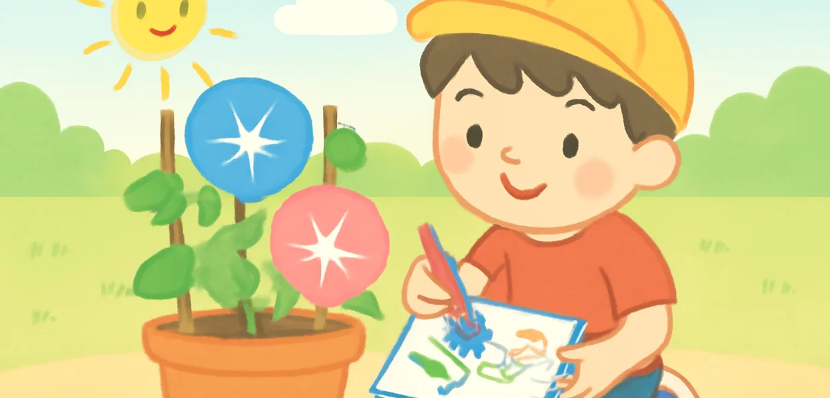 A first grader observing morning glory flowers in a pot, sketching in a notebook, sunny garden, summ