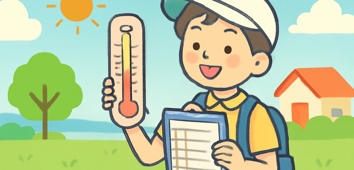 Sixth grade student measuring outdoor temperature with a thermometer in different locations, clipboa