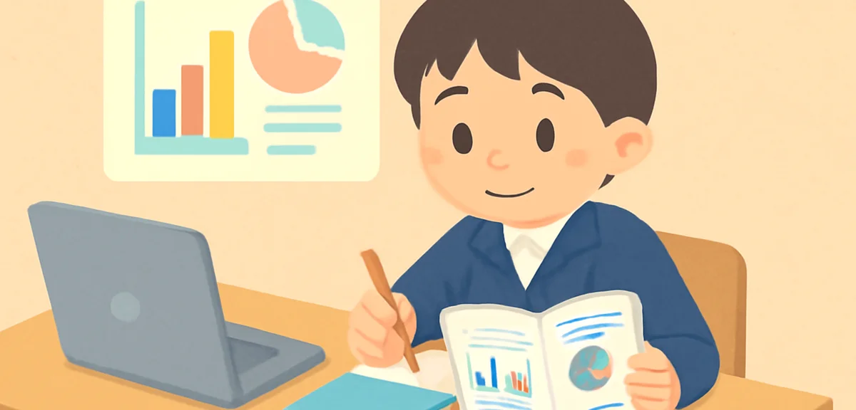 Junior high school student writing a research report at desk with charts and graphs, books and lapto