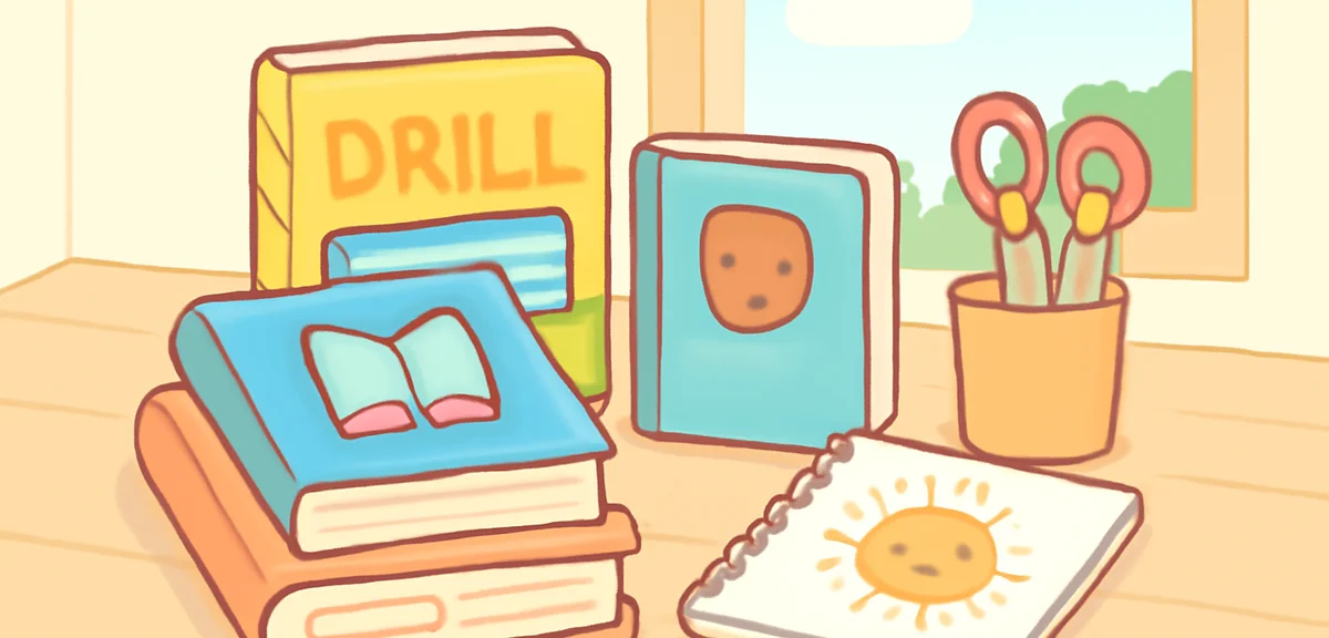 Stack of summer homework materials including drill books, reading book, craft supplies, and diary on