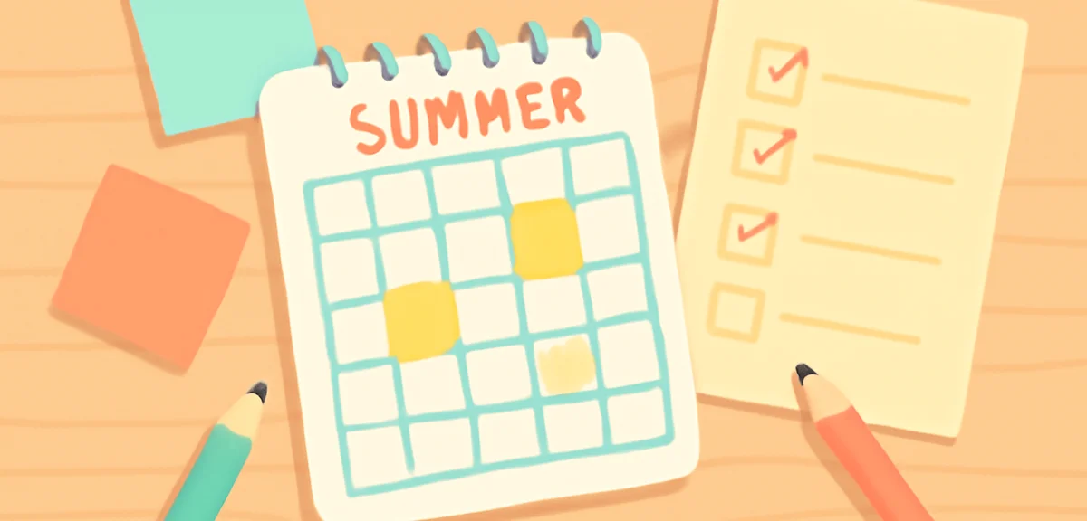 Summer homework schedule planner with calendar, colorful sticky notes, checklist, and pencils on a w