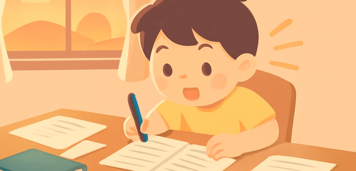 Child rushing to finish homework on the last day of summer vacation, papers spread on desk, focused 