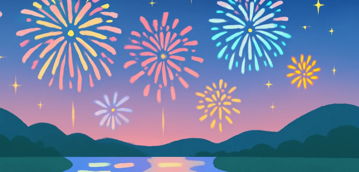 Spectacular Japanese fireworks display over a river with reflections, summer night sky, photorealist