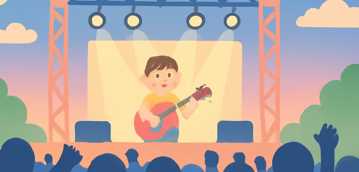 Outdoor summer music concert venue with stage lights, crowd silhouettes, blue sky transitioning to e