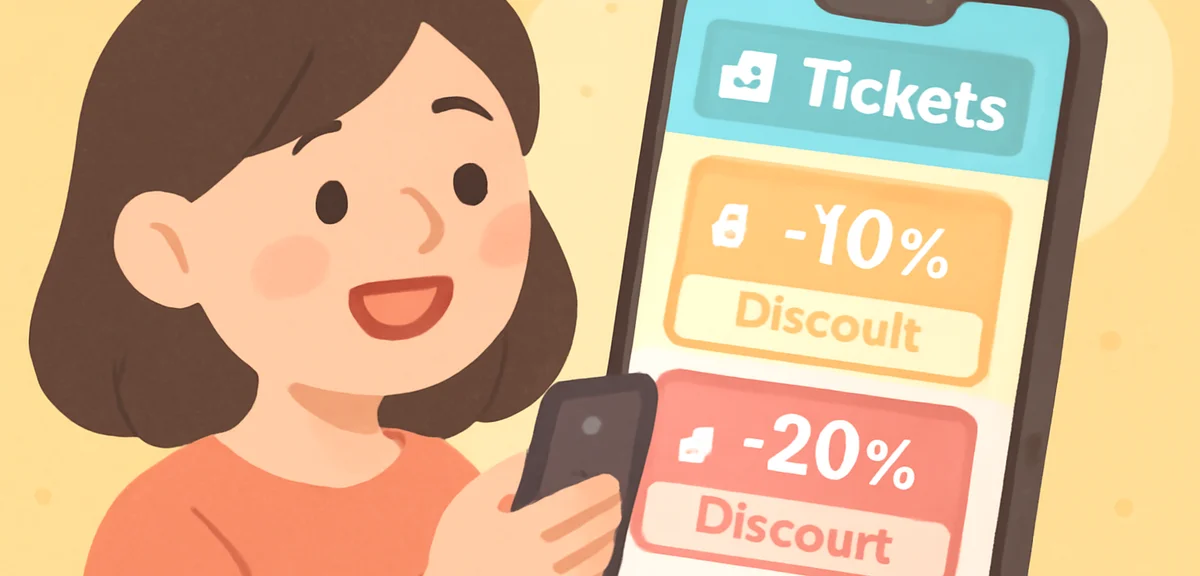 A digital ticket booking screen on a smartphone showing discount options, modern UI, close-up shot